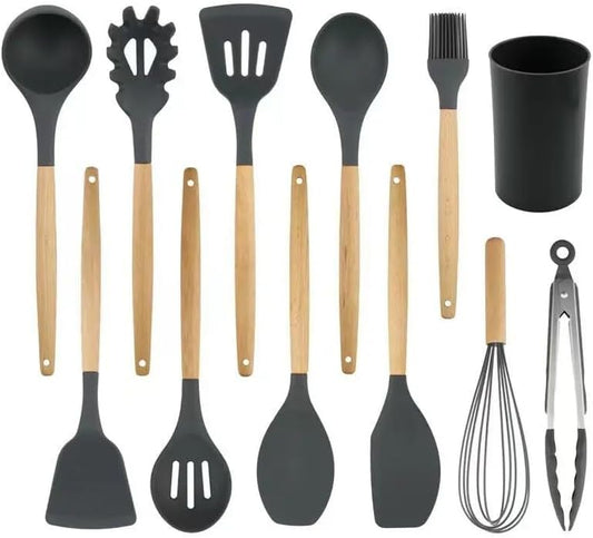 Deluxe 12-Piece Silicone Kitchen Utensils Set with Durable Cooking Utensils - Heat Resistant Nonstick Cookware Essentials, Includes Spoon, Spatula, Ladle, and Utensil Set Holder