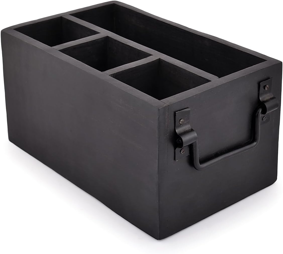 EDHAS Mango Wood 4 Compartment Flatware Caddy, Cutlery Utensil Holder with Napkin Holder for Kitchen, Dining, Picnics (10" x 6" x 5")
