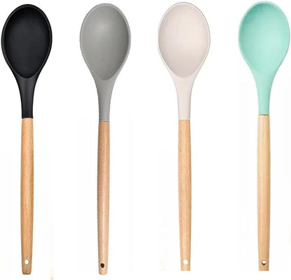 LorisArm Wooden Handle Silicone Spoon, 12" Rubber Spoon 4-Pack Nonstick Stirring Spoons for Baking Cooking and Mixing, Kitchen Serving Spoons (Grey, Green, White, Black).