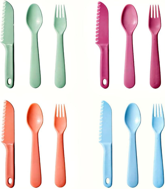 16Pcs Kids Plastic Utensils Kids Forks and Spoons Set, Multicolor Toddler Utensils, Reusable Kids Silverware Cutlery Set, Ideal for School Lunch Box, Camping, Travel, Party Favors BPA Free