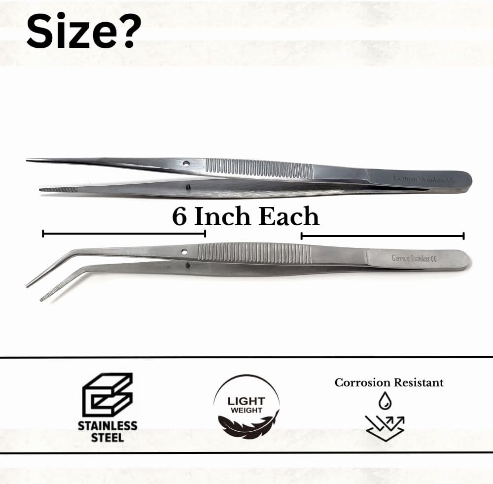 Food Plating Tweezers Culinary Kitchen Tongs Straight + Angled Tips 6" Long for Cookie Cake Decorating/Baking/Cooking Made of Stainless Steel with Fine Serrations Kitchen Utensils