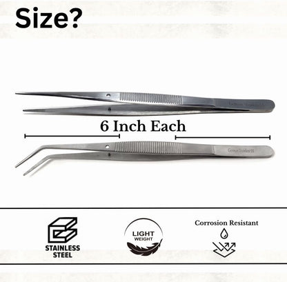 Food Plating Tweezers Culinary Kitchen Tongs Straight + Angled Tips 6" Long for Cookie Cake Decorating/Baking/Cooking Made of Stainless Steel with Fine Serrations Kitchen Utensils