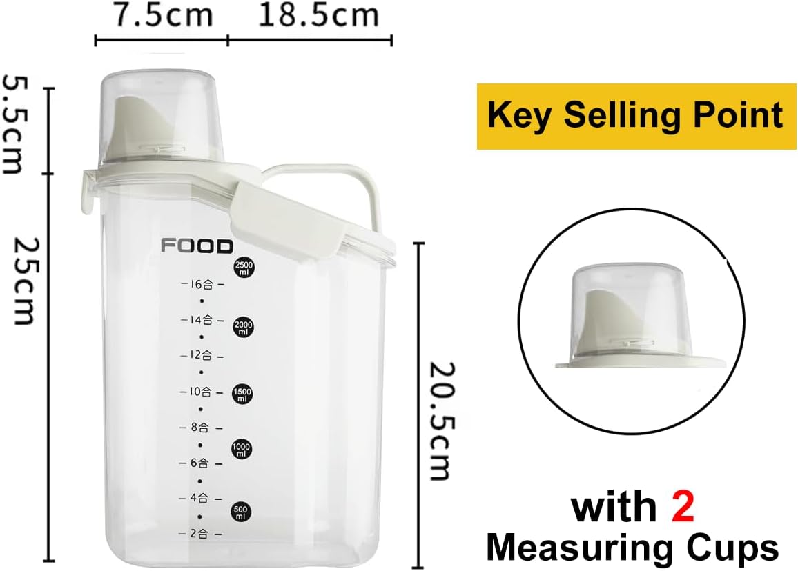 Airtight Rice Storage Container with Pour Spout & 2 Measuring Cup Lid, BPA-Free Food Storage Canister for Rice, Flour, Cereal, Grains & Pantry Organization