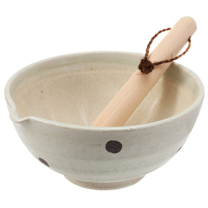 TIKUSAN Japanese Ceramic Ripple Ridge Mortar & Pestle Suribachi Bowl and Surikogi Set with Spout 7.1 inches Made in Japan (Brown)