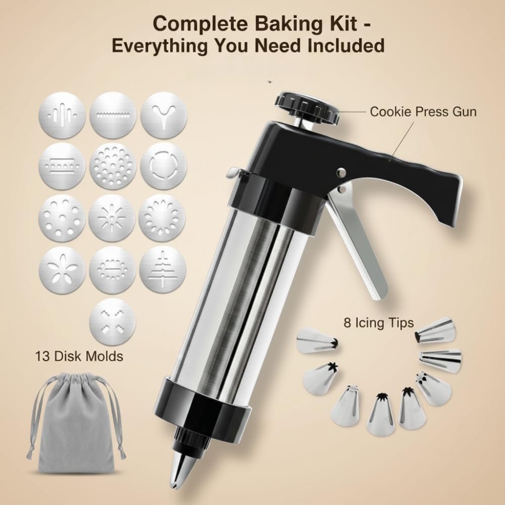 Stainless Steel Cookie Press Gun Kit, 13 Discs & 8 Piping Tips