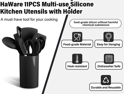 HaWare 11 PCS Silicone Cooking Utensils Set, Heat Resistant Kitchen Utensils with Holder, Food-grade Spatula Sets for Nonstick Cookware, Kitchen Tools Gadgets Include Fish Turner, Spoon (Black)