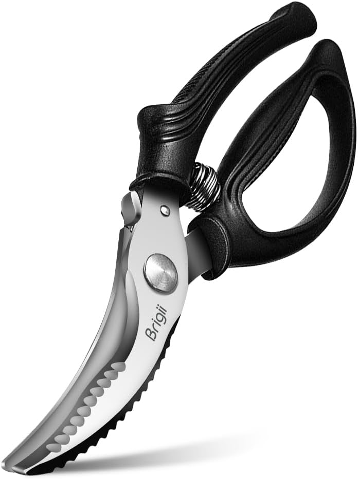 Brigii Spring Loaded Kitchen Shears, Heavy Duty Poultry Shears for Chicken and Turkey, Stainless Steel Kitchen Scissors for Meat, Fish, Seafood & Vegetables, Serrated Edge for Scaling