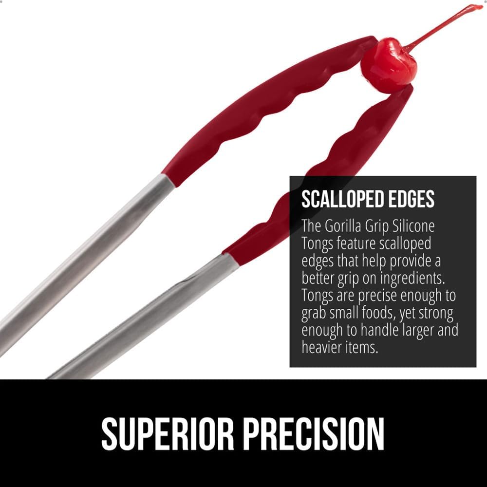 GORILLA GRIP Stainless Steel Heat Resistant Kitchen Tongs for Cooking, Set of 2 BBQ Tong, Non Scratch Silicone Tip for Pans, Strong Grip, Grab Food, Toss Salad, Air Fryer, Pull Lock, 7 + 9 Inch, Black