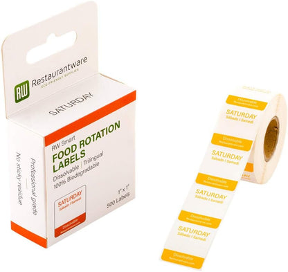 Restaurantware RW Smart 1 Inch x 1 Inch Food Rotation Labels 500 Dissolvable Food Safety Labels - Premium Trilingual Green Paper Day Of The Week Labels For Food Storage Or Prep Friday