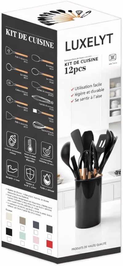 Silicone Kitchen Utensil Set with Holder, 12-Piece, Heat Resistant,Black,Red,Grey Colors Available (Grey)