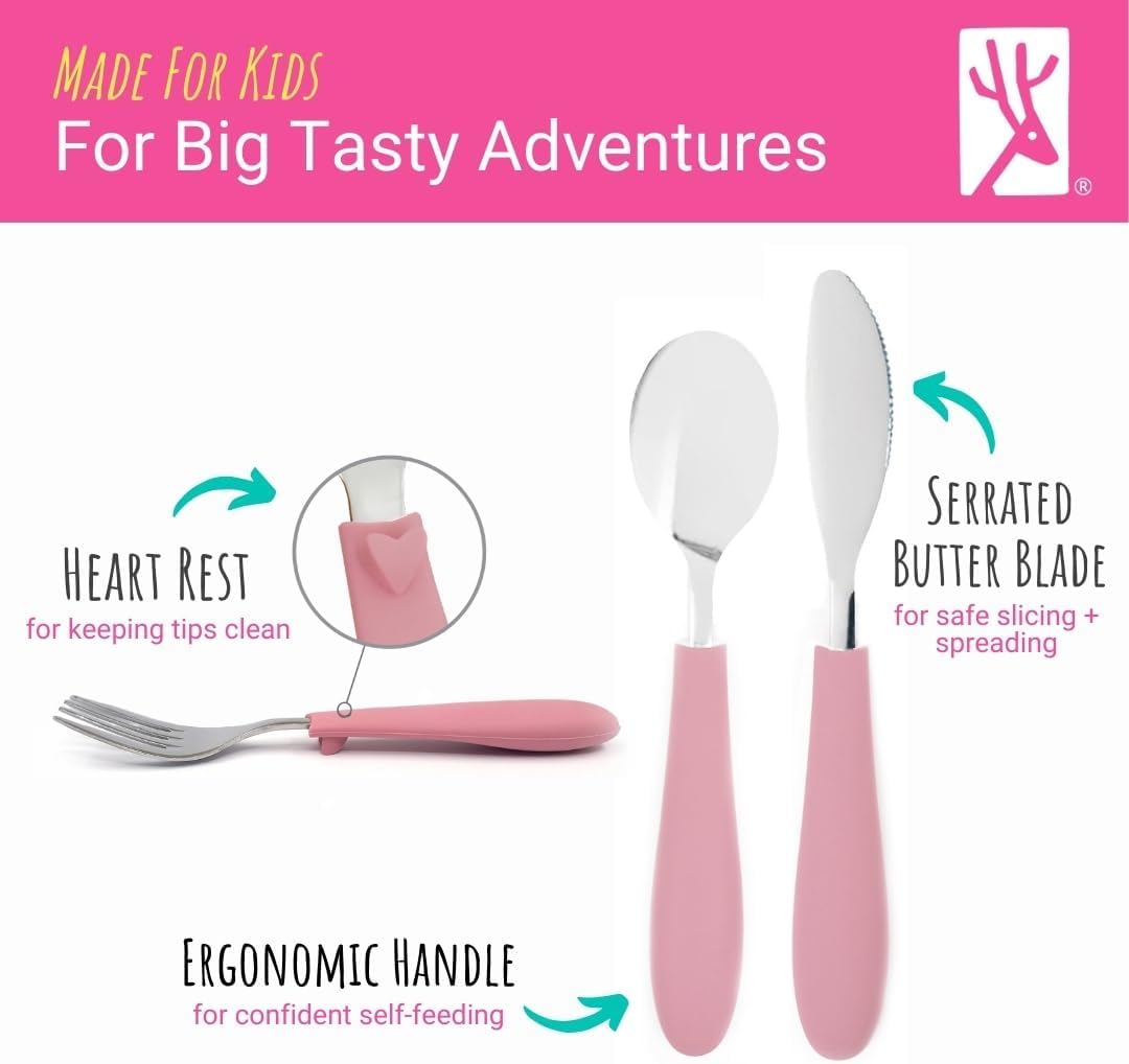 Elk and Friends Kids Silverware with Silicone Handle | Childrens Safe Flatware | Kids Utensils | Spoon + Fork + Knife set | 4 years+ | 6 Pieces