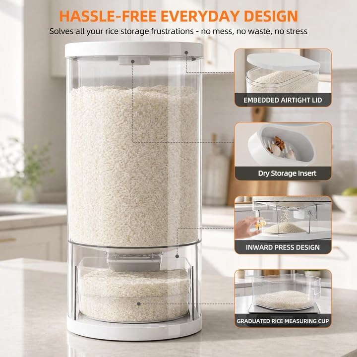 Rice Dispenser 22 Lbs(10kg), Rice Holder Storage Container with Measuring Cup, Clear Cereal Dry Food Grain Dispenser for Kitchen Pantry Household Organization, BPA Free