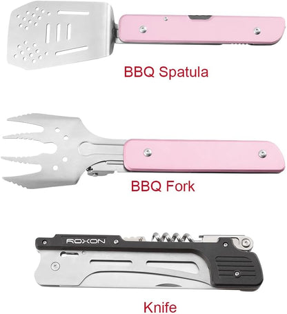 ROXON 6-in-1 Folding Grill Utensils Set, 14" BBQ Tools for Camping S601