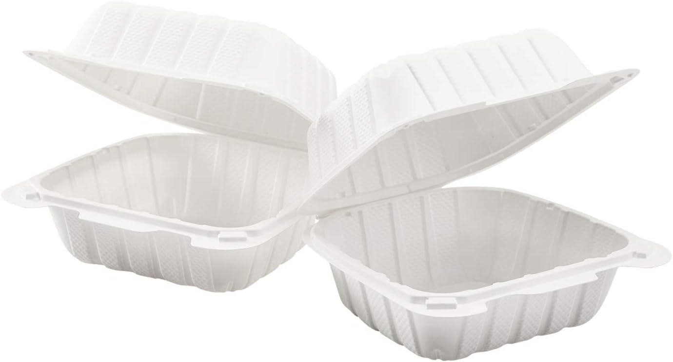 KARAT EARTH Clamshell Take Out Food Containers [8"x8" - 200 ct] To Go Containers | 3 Compartment, Soak-Resistant, Durable, Stackable | Vented for Hot/Cold Foods, White