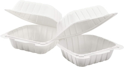 KARAT EARTH Clamshell Take Out Food Containers [8"x8" - 200 ct] To Go Containers | 3 Compartment, Soak-Resistant, Durable, Stackable | Vented for Hot/Cold Foods, White
