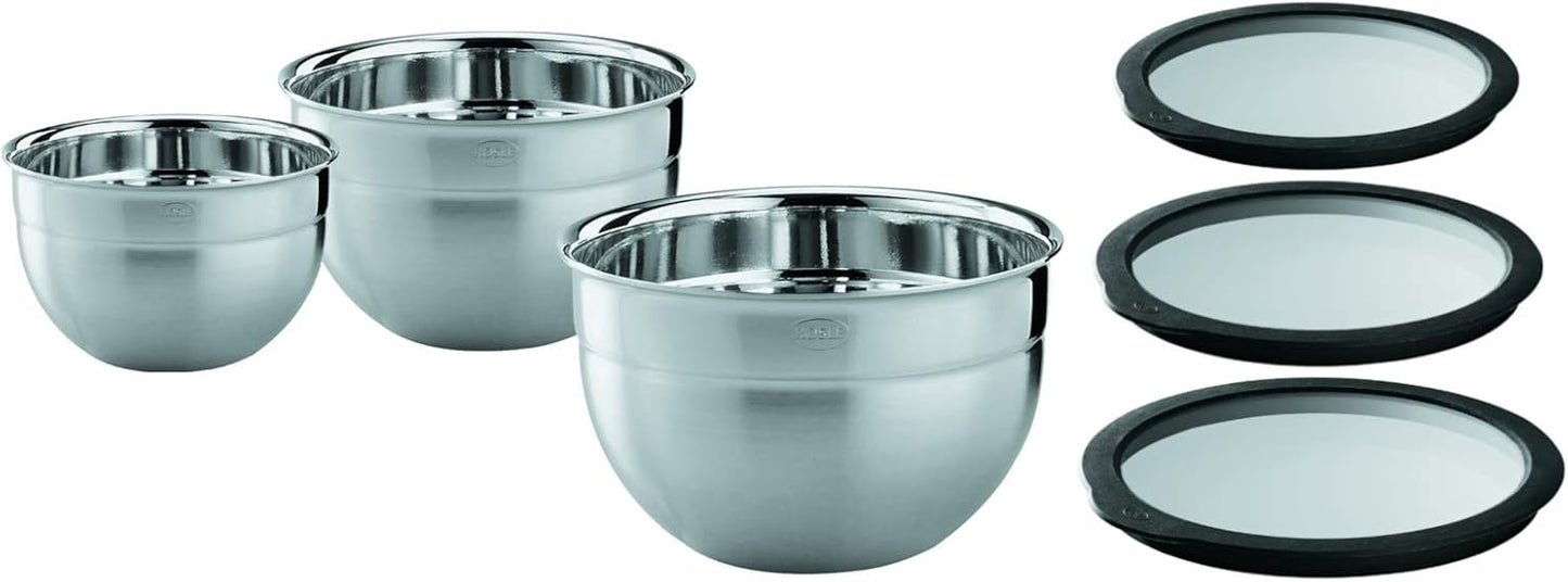 RÖSLE Bowl Set of 3 Large Food Storage Lids (Diameter 16, 20, 24 cm), High-Quality, Elegant, Stainless Steel for Preparing and Storing Food, Dishwasher Safe