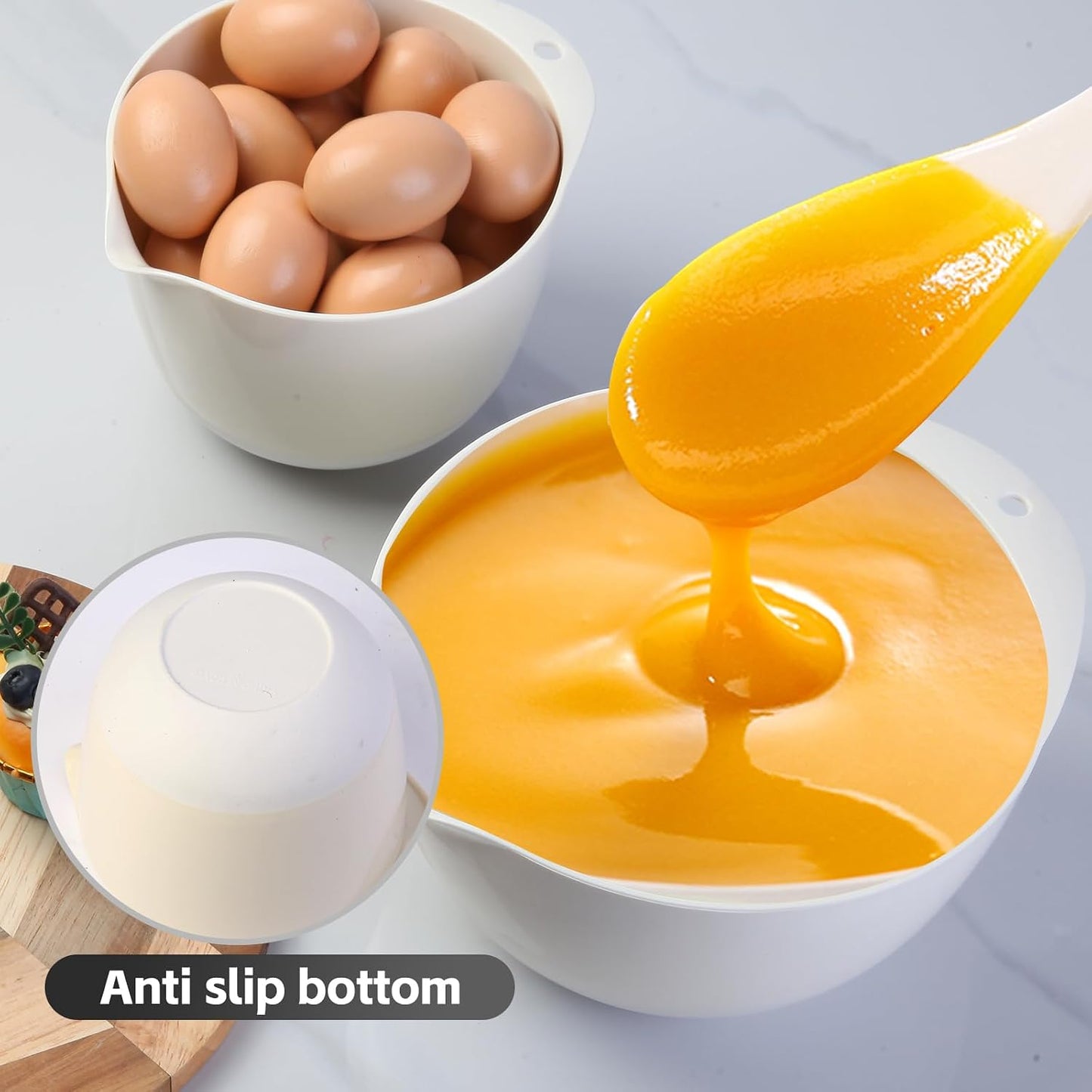 3 Plastic Mixing Bowls with Lids,Pour Spout,TPR Bottom,Mixing Bowl Set,Deep Nesting Small Batter Bowl for Serving,Prep,Baking,Non Slip,Dishwasher Safe,Easy to Grip/Spout,Pale Blue