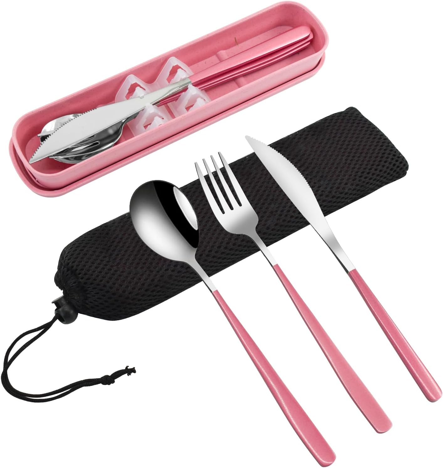 VANRA 4-Piece Portable Travel Utensils Set with Case 18/8 Stainless Steel Flatware Set Reusable Cutlery Set with Fork Spoon Knife Chopstick for Lunch Travel Camping School Work Picnic (Pink)