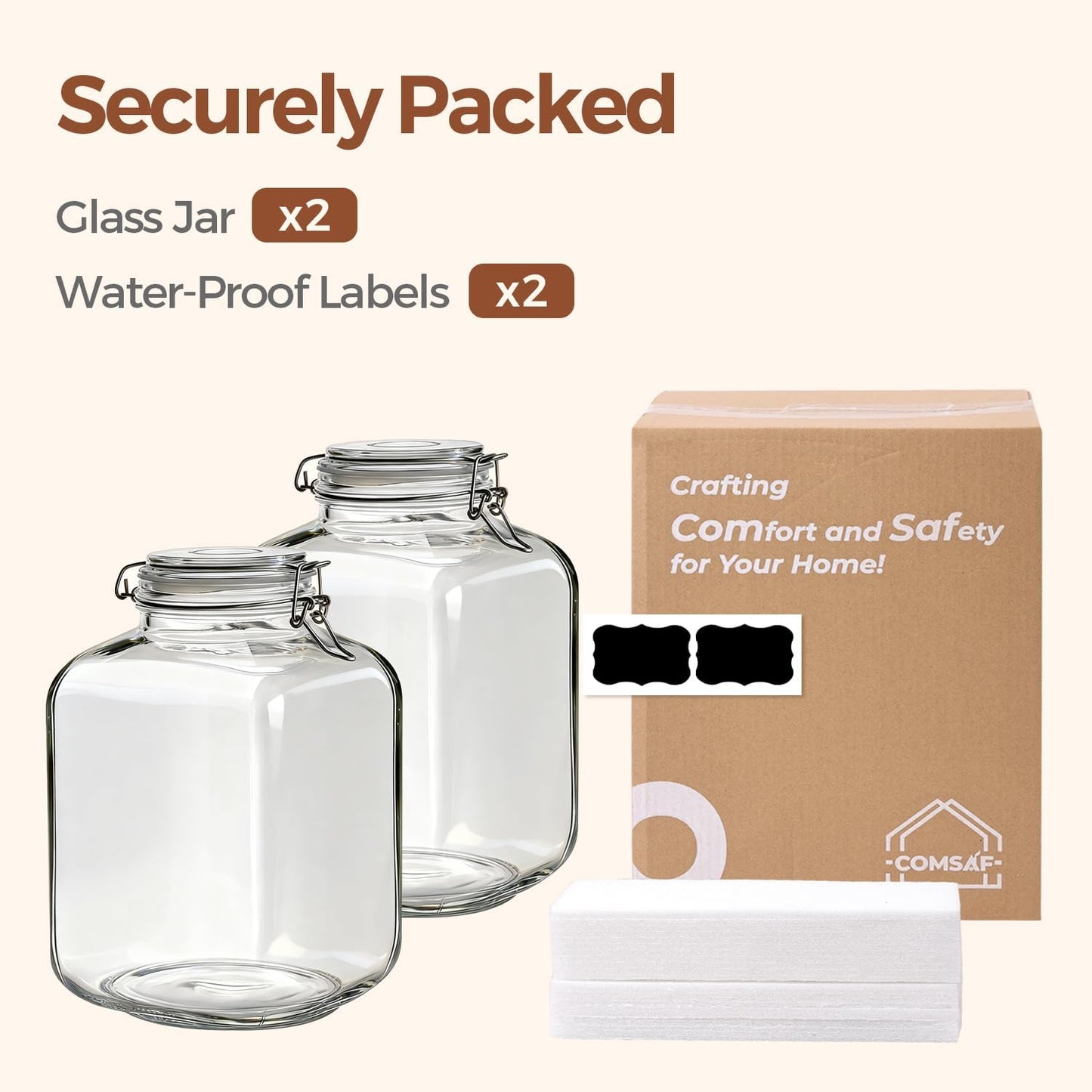 ComSaf Set of 3 Square Glass Jars with Airtight Lids (51 Oz) — Wire Clamp Canisters for Small-Batch Pickling, Kimchi, Bulk Dry Food, Wide Mouth Space Saving Kitchen Pantry Organization Jars