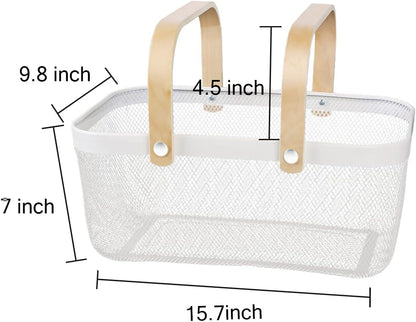 Portable Mesh Harvest Basket - Natural Bamboo Handle Foldable Organizer for Kitchen, Garden & Picnic | Ventilated Storage Bin with Rust-Proof Wire, Space-Saving Farmhouse Decor (Pink)