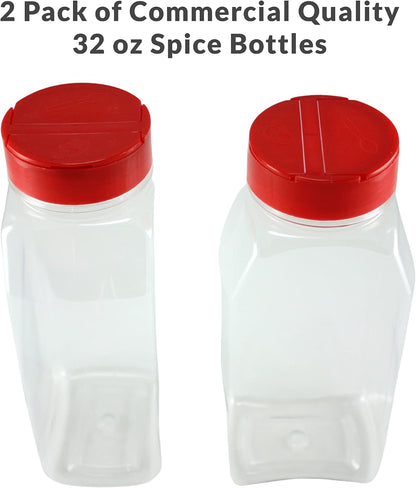 Skyway Supreme Large 32 OZ Plastic Spice Bottles Containers - Flap Cap Pour and Sifter Spice Shaker Jars - Refillable Perfect For Storing and Dispensing Seasonings Herbs Rubs - BPA Free - Set of 2