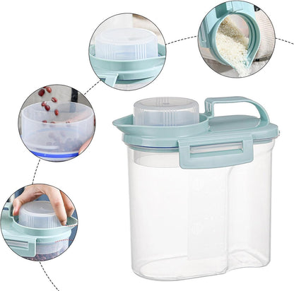 5.5lbs Clear Food Dispenser Container - Airtight Rice Storage Barrel With Handle And Dustproof Measuring Cup, Large Capacity Bin For Soybeans, Grains, Oats, Flour, Lentils, Pasta, Pet Food