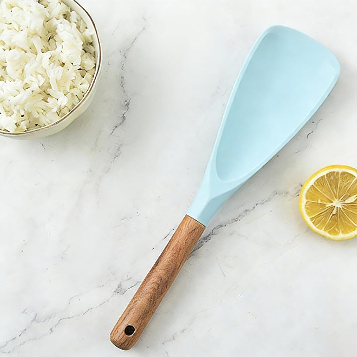2 Pcs Wooden Handle Silicone Cooking Spoon Set for Nonstick Cookware Cooking, Baking, Stirring ，BPA-Free Heat-Resistant Spatula for Mixing, Flipping, Scraping (2 Pcs Black)