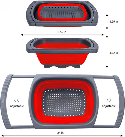 Collapsible Colander Strainer with Extendable Handles - Over the Sink Vegetable/Fruit Colanders Strainers for Kitchen, Capacity of 6 quart (Blue)