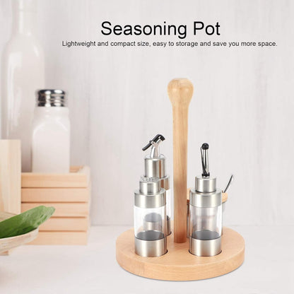 Cruet Set, Wood Condiment Spice Pepper Jar Box 5PCS Stainless Steel Plastic Oil Vinegar Salt Pepper Condiment Dispensers Set with Spoon (square wooden frame)