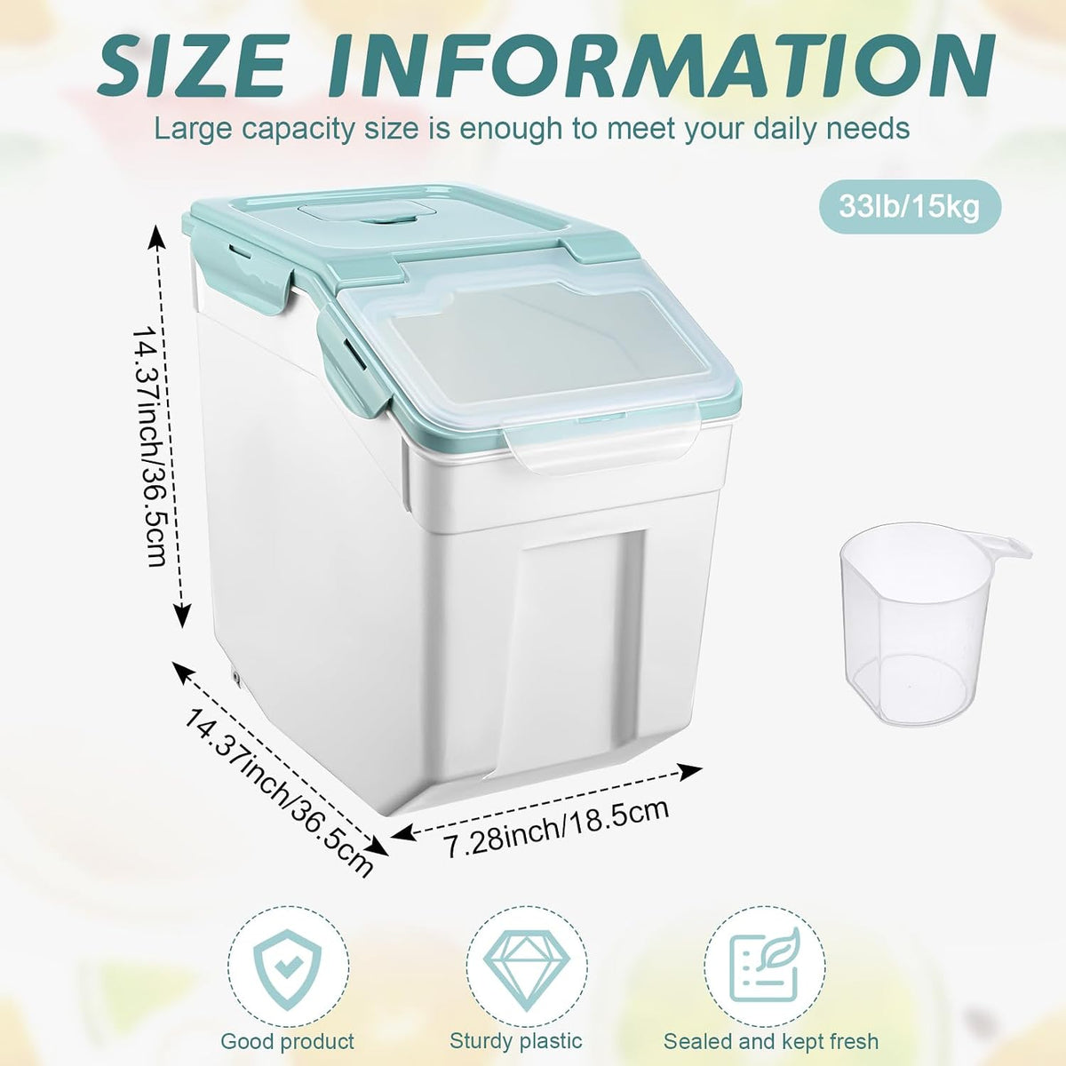 Sunnyray 4 Pcs 55 lbs Grain Rice Storage Container Flour Bin with Wheels Cup Leak Proof Pet Food Storage Boxes Seal Locking Lid Plastic Rice Containers Set for Cereal Flour Cat Dog Food (Green)