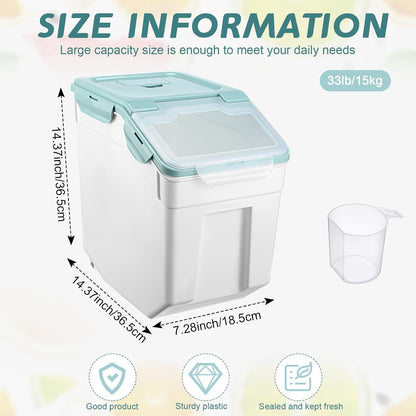 Sunnyray 4 Pcs 55 lbs Grain Rice Storage Container Flour Bin with Wheels Cup Leak Proof Pet Food Storage Boxes Seal Locking Lid Plastic Rice Containers Set for Cereal Flour Cat Dog Food (Blue)
