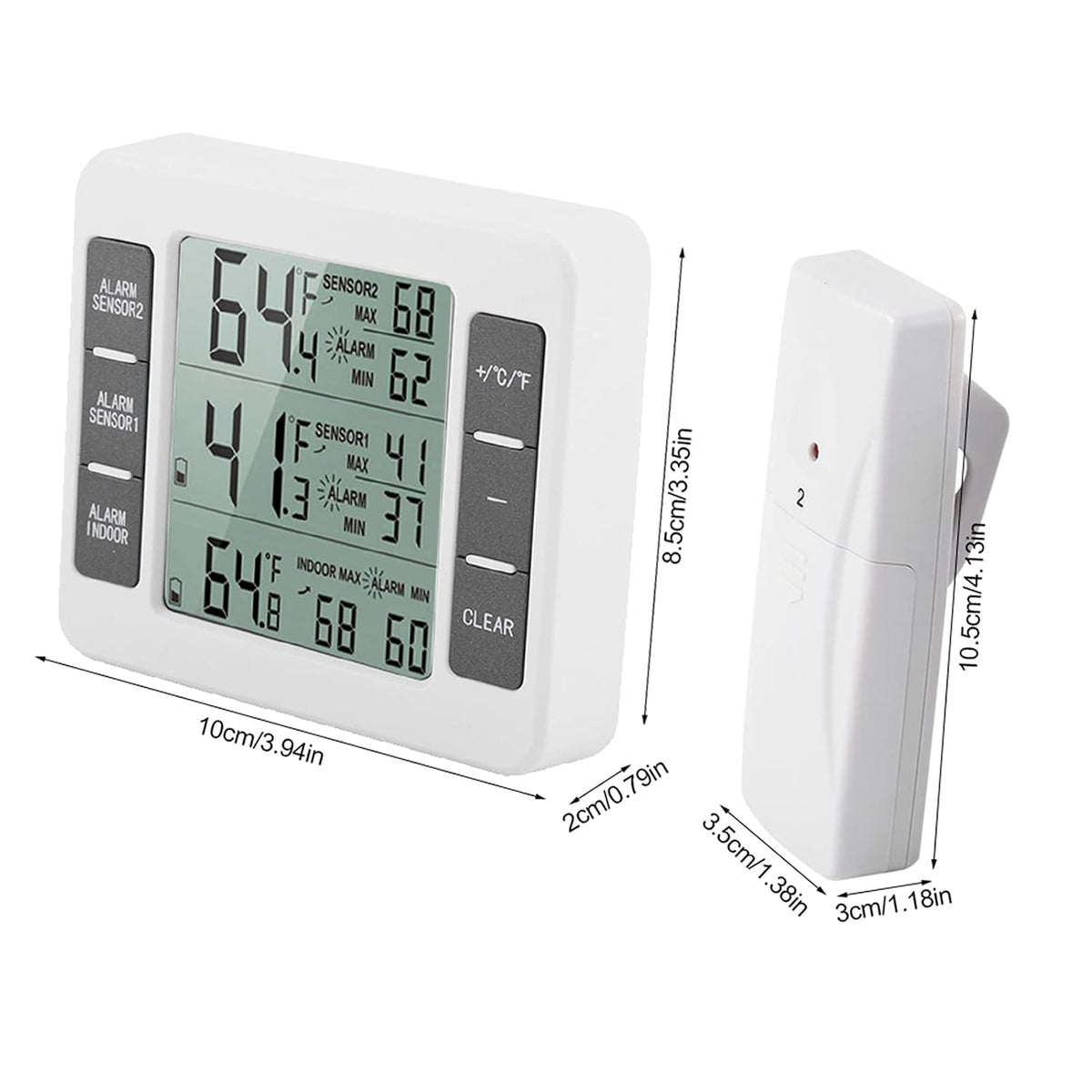 Fridge Thermometer, Digital Refrigerator Freezer Thermometer Monitor with 2 Sensors with Audible Alarm, for Indoor and Outdoor Use, Easy to Read LCD Display