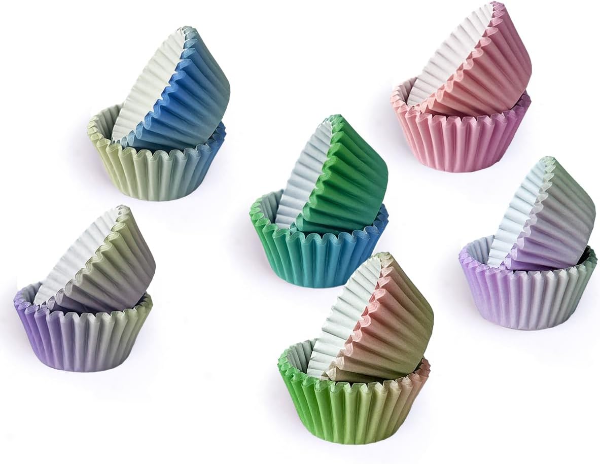 qiqee 300PCS Mini Gradient Cupcake Liners Cupcake Cups 6 Designs Blue Gradient Cupcake Papers Baking Cups Cupcake Wrappers (Small Size)