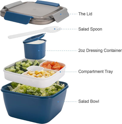 Freshmage Salad Lunch Containers To Go, 2 Pack 52-oz Bowls with 3 Compartments, Dressing Containers for Toppings, Snacks - Pink & Green