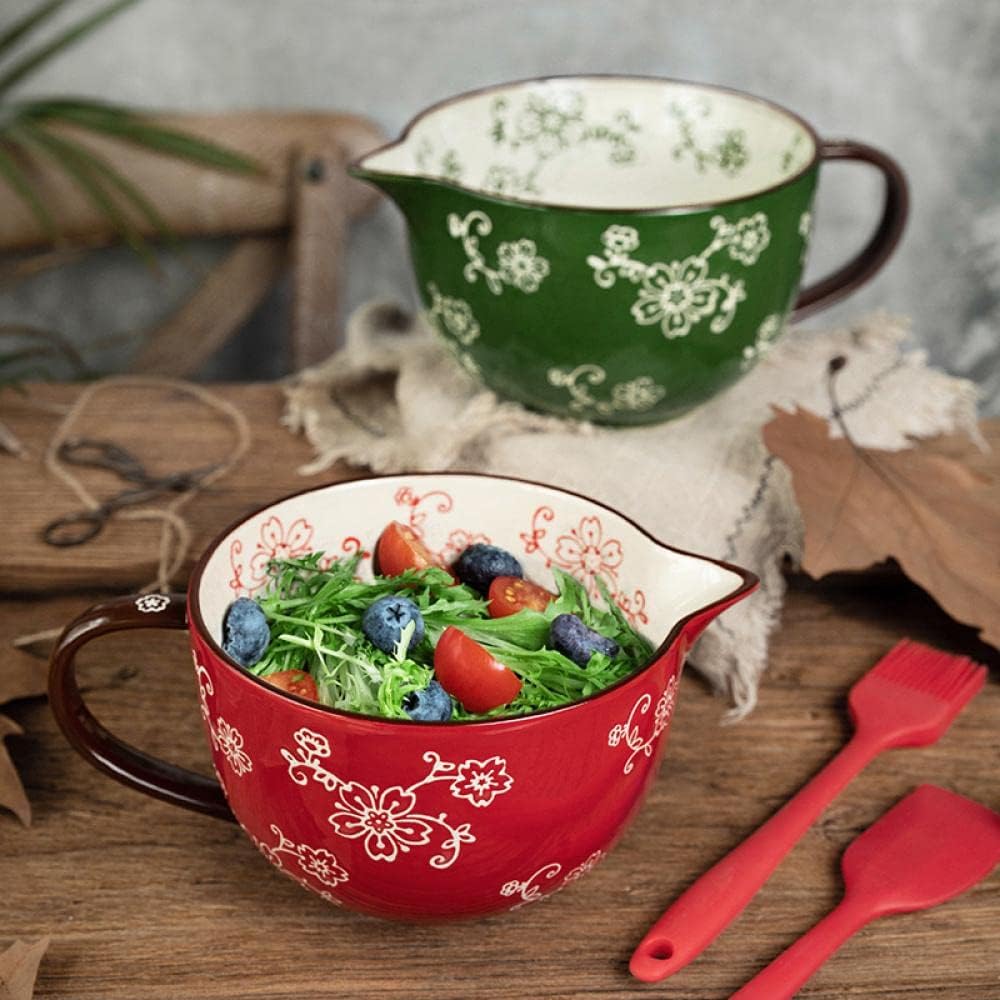 Gaolinci Cherry Blossom Pattern Kitchen Ceramic Mixing Bowl, 1 Quart Large Bowl, with Pouring Spout and Handle