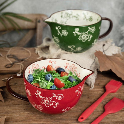 Gaolinci Cherry Blossom Pattern Kitchen Ceramic Mixing Bowl, 1 Quart Large Bowl, with Pouring Spout and Handle