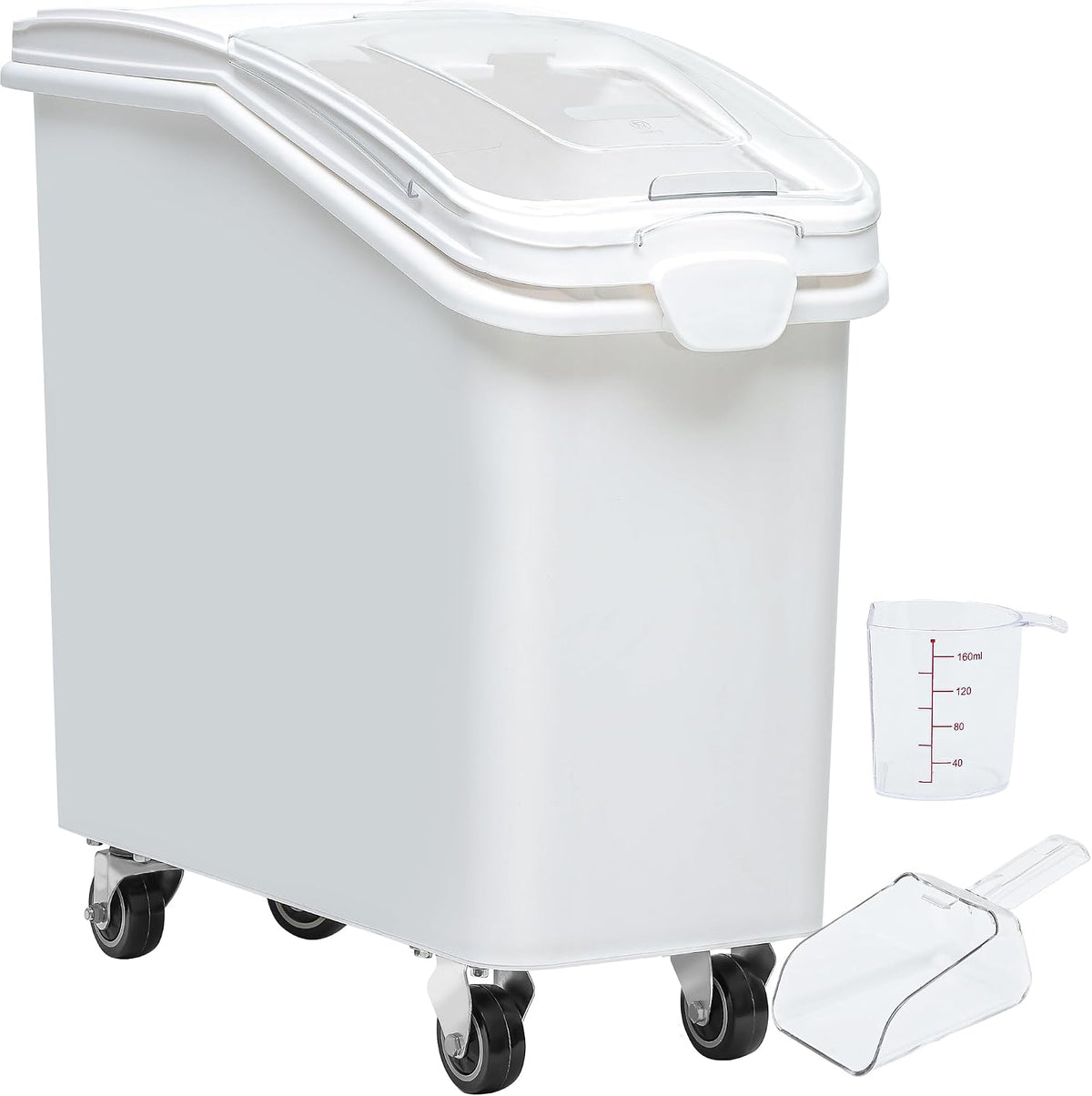 YITAHOME 50L/90lb Large Ingredient Flour Storage Bin, Commercial 11.4-Gallon Rice Storage Container 280 Cups Bulk Flour storage Bins with Wheels,Scoop,Lid and scale, Rice Bin for Kitchen, White