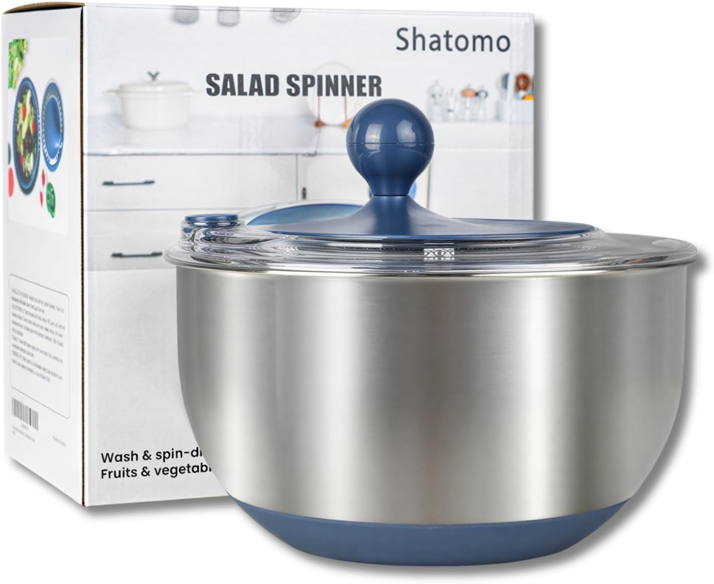 Stainless Steel Salad Spinner, 5.3 Qt Lettuce Spinner with Non-Slip Base, Drain and Stop Button, Fruit and Vegetable Washer and Dryer Spinner