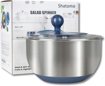 Stainless Steel Salad Spinner, 5.3 Qt Lettuce Spinner with Non-Slip Base, Drain and Stop Button, Fruit and Vegetable Washer and Dryer Spinner
