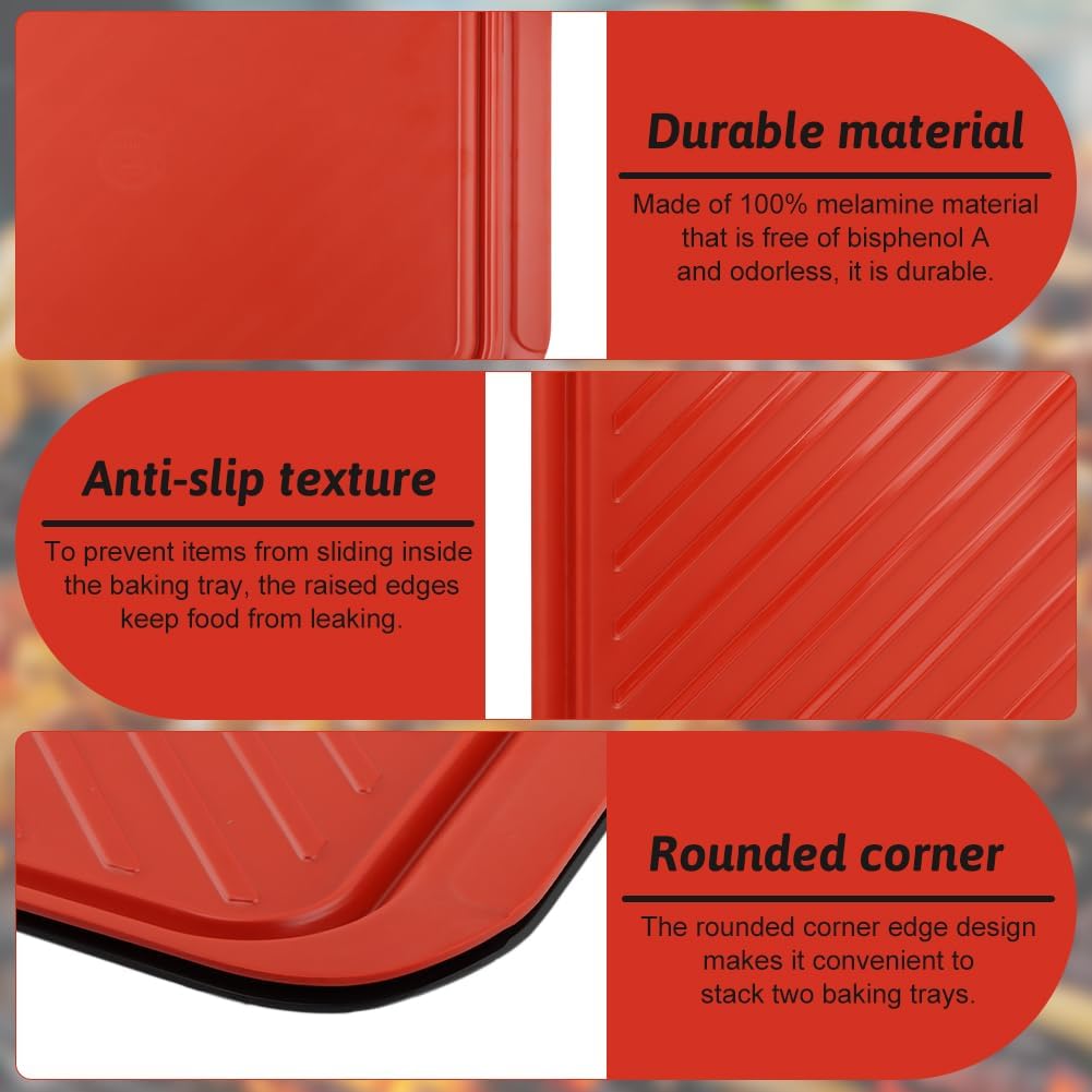 Grill Prep Trays Set of 2, 17.2 x 10.5 in Melamine BBQ Serving Trays with Tongs, Red and Black Nesting Trays for Prep and Serve, Dishwasher Safe