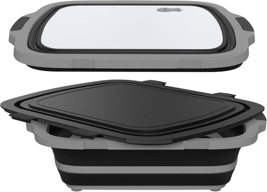 2-Pack XL Collapsible BBQ Prep Tub with Built-in Cutting Board, Lid & Strainer – Multipurpose Meal Prep Container for Outdoor Cooking, BBQ Parties, Kitchen & Travel Use (Black)