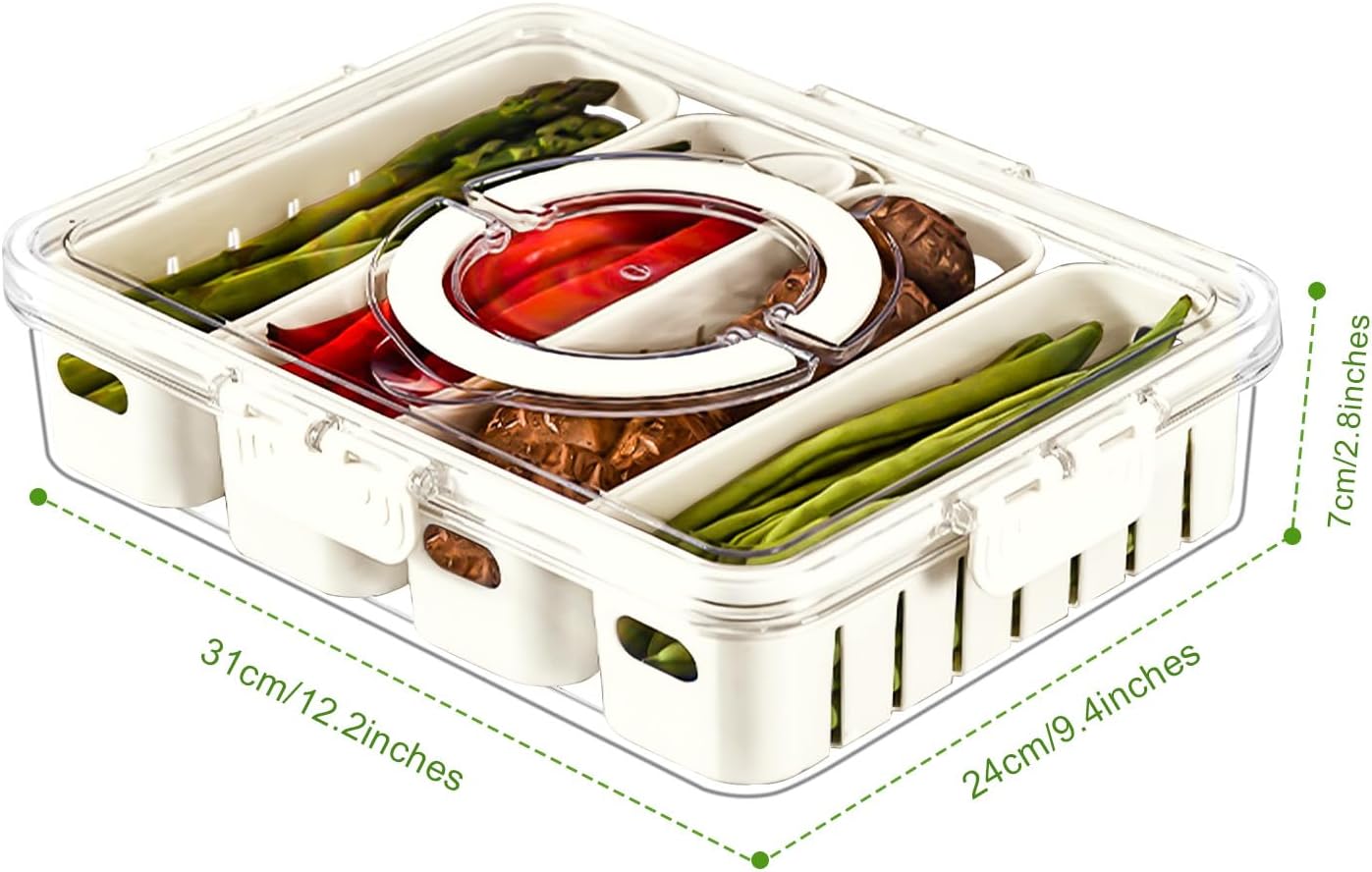shopwithgreen Divided Serving Tray with Lid, Portable Snack Box Charcuterie Veggie Tray with Lid, Food Storage Organizer with 8 Colandersfor Fruit, Vegetable, Refrigerator, Kitchen, Party, Picnic