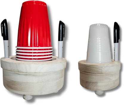 Party Cup Holder with Marker Slots | Drink Organizer for Birthdays, Festive Events, BBQs & Holiday Gatherings | Hosting Essentials for Plastic Cups | Wood Design Two in One (Brown Rustic)