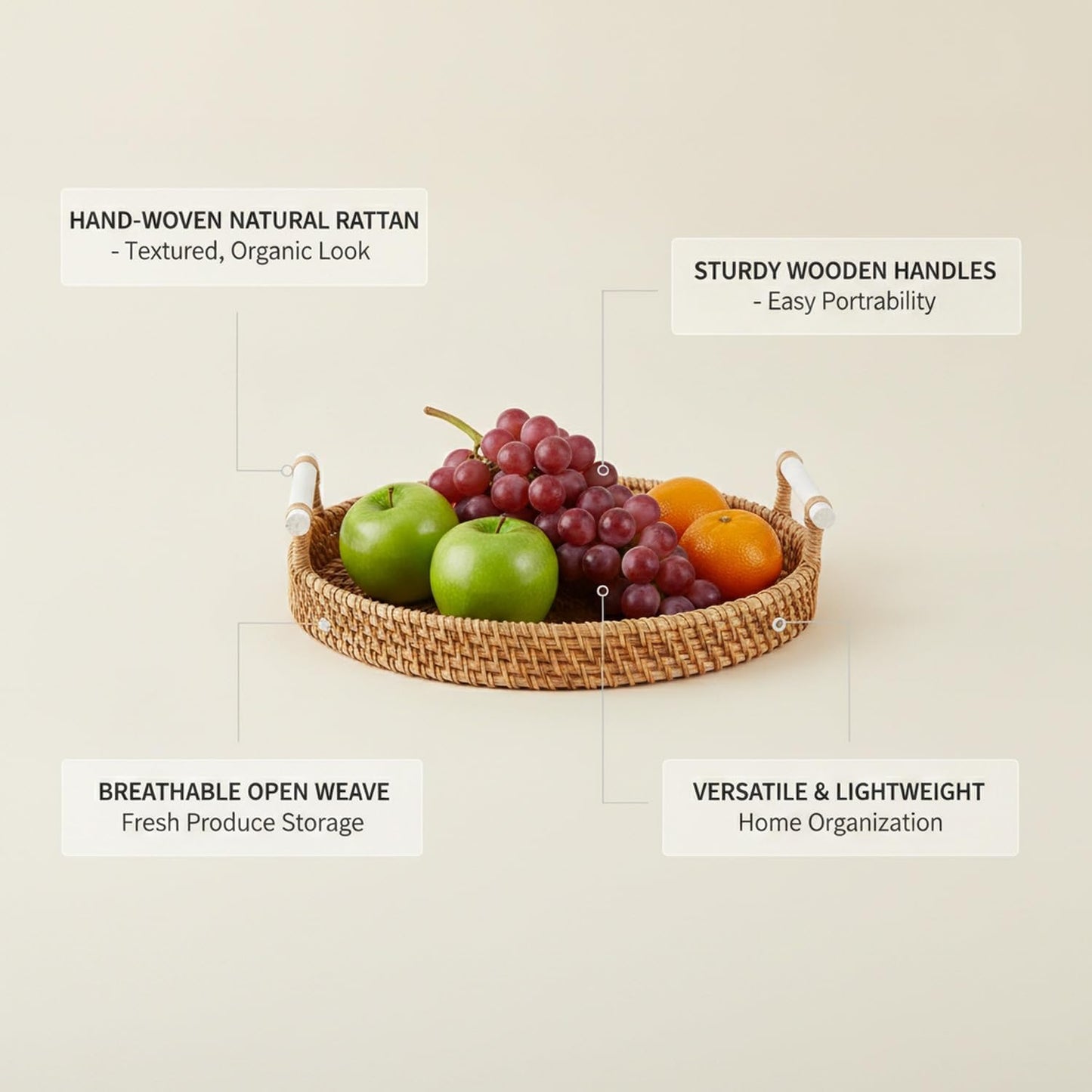 Hand Woven Rattan Basket with Wooden Handle, Natural Open Weave Storage Bin for Countertop Organization, Produce, and Snacks