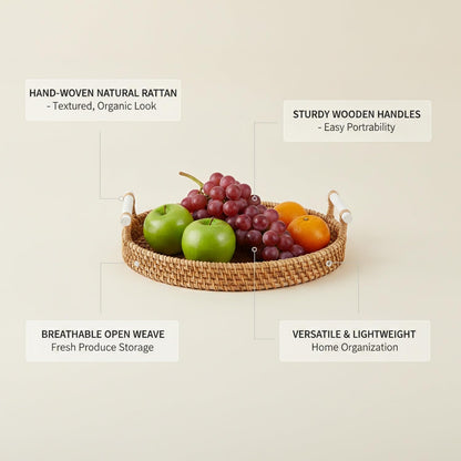 Hand Woven Rattan Basket with Wood Handle, Open Weave Storage Bin for Countertop Organization, Produce, and Home Decor