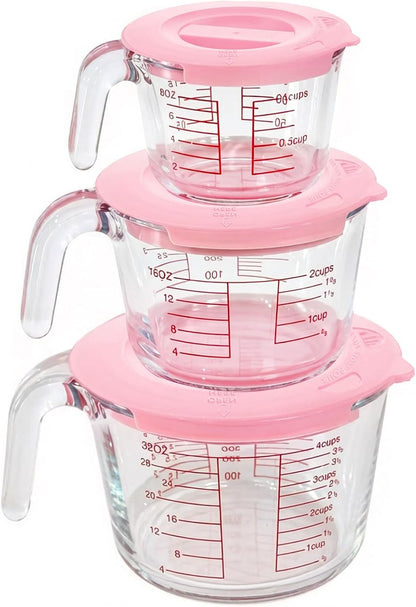 6 Pcs Glass Measuring Cups with Lids Set, 1-Cup, 2-Cup, 4-Cup Measuring Jugs with Handle For Prepping, Baking and Cooking (Pink)