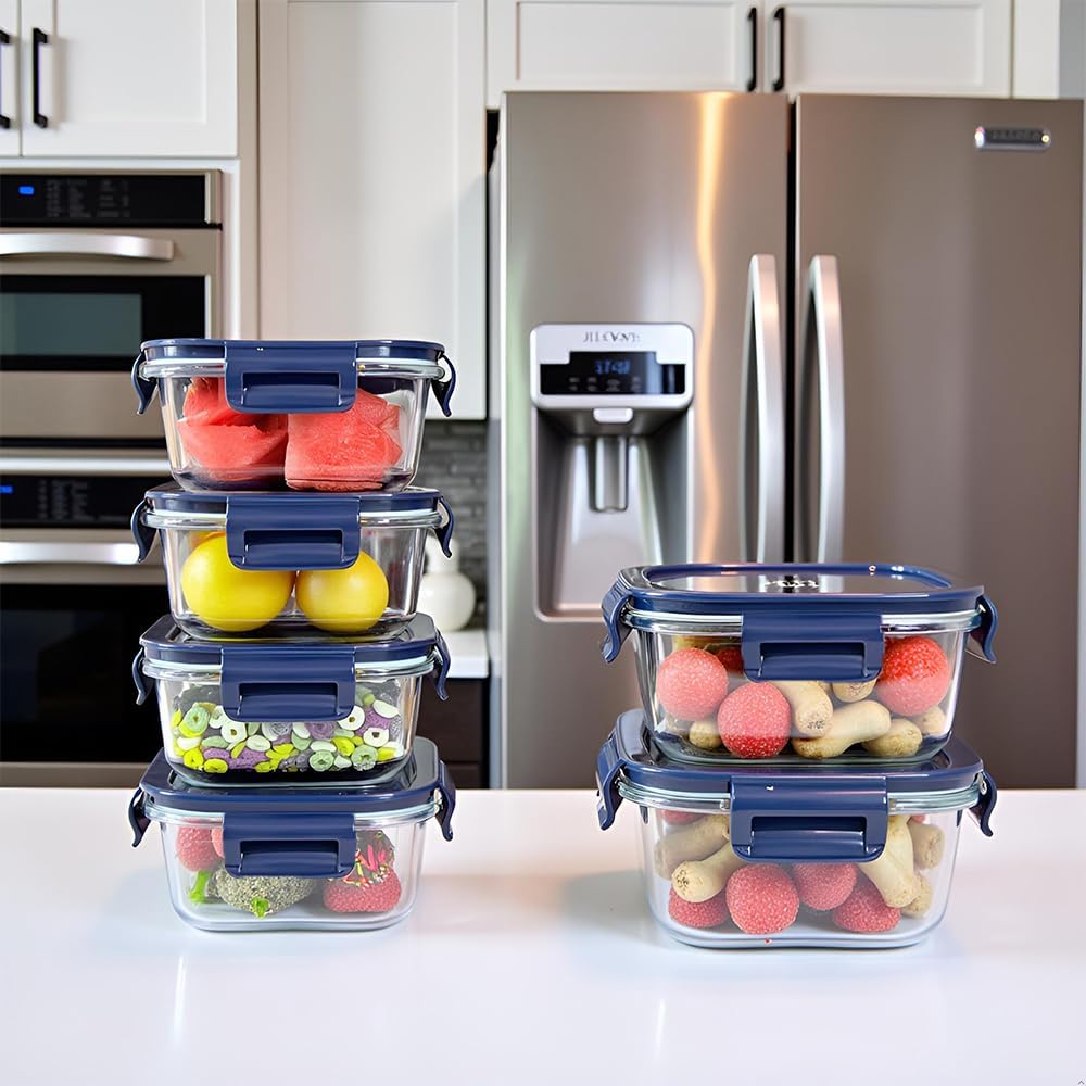 16oz Square Glass Food Storage Containers With Lids, 2 Cup Square Glass Food Containers With Lids, BPA free Small Meal Prep Bowls for leftovers, Dishwasher, Freezer Safe (8Pack)