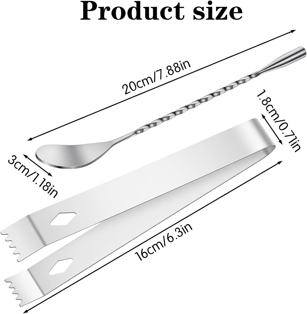 2 PCS Ice Tongs, Metal Tongs Set with Cocktail Spoon, Stainless Steel Serving Appetizers Kitchen Tong for Cocktails, Ice, Tea Party,Kitchen