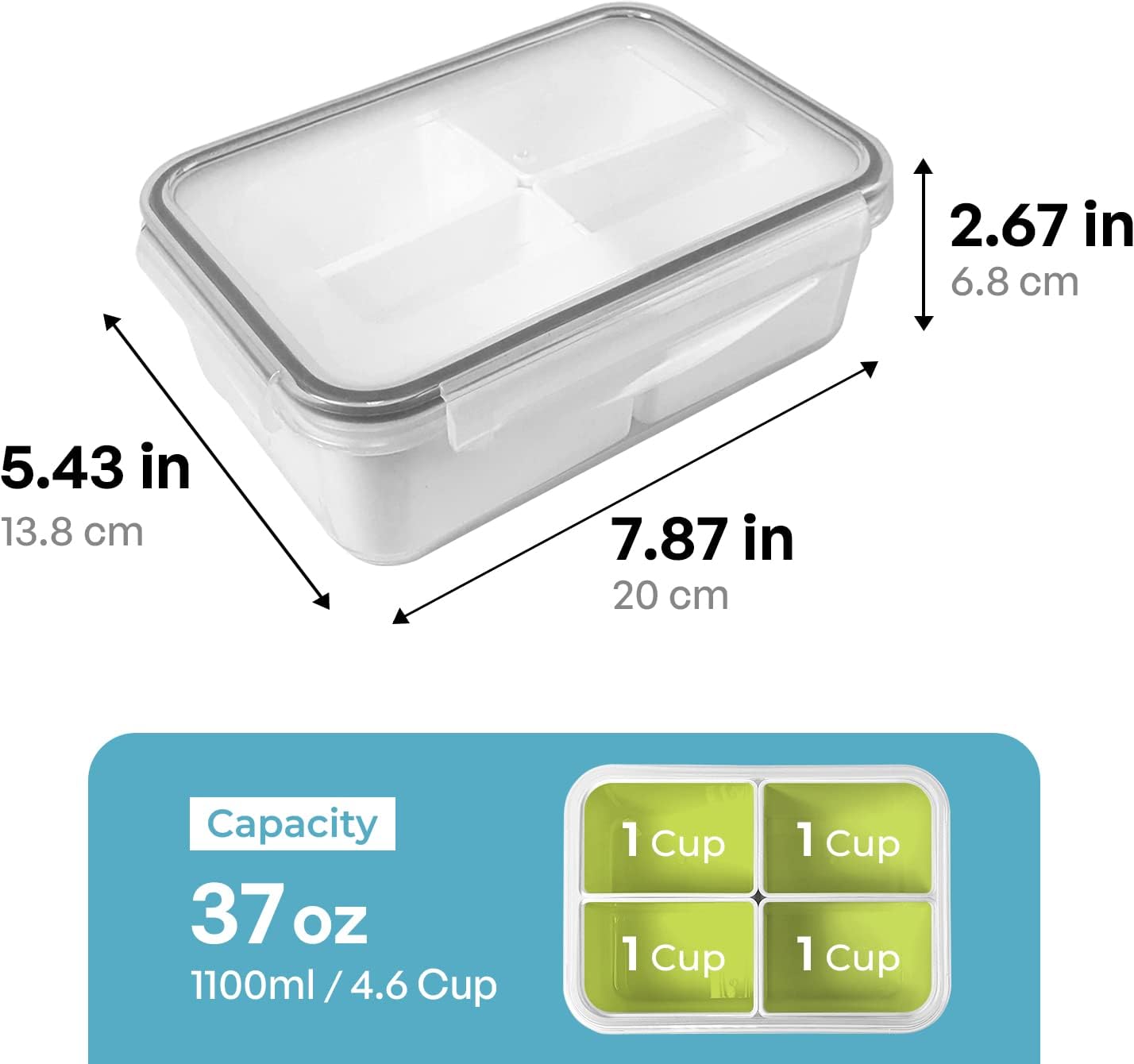 carrotez Food Storage Containers with 3 Removable Compartments, Food Prep Container with Airtight Lids, Portion Control Container, Microwave Safe, Reusable, 4.64 Cup (1100ml)