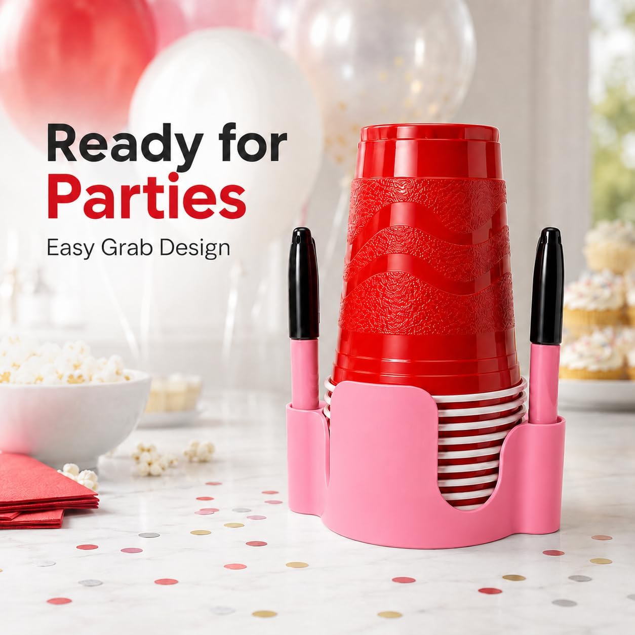 Party Cup Dispenser with Marker Holder – Stackable Plastic Cup Organizer for Parties, Events, BBQs, Picnics, Graduations & Drink Stations, Cup and Marker Caddy, Black (Red)